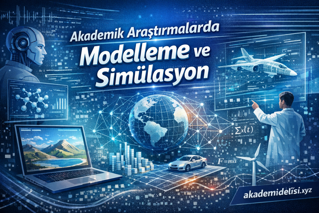 Turkish academic banner about modeling and simulation featuring a robot, globe network, aircraft, car, and a scientist in a lab setting.