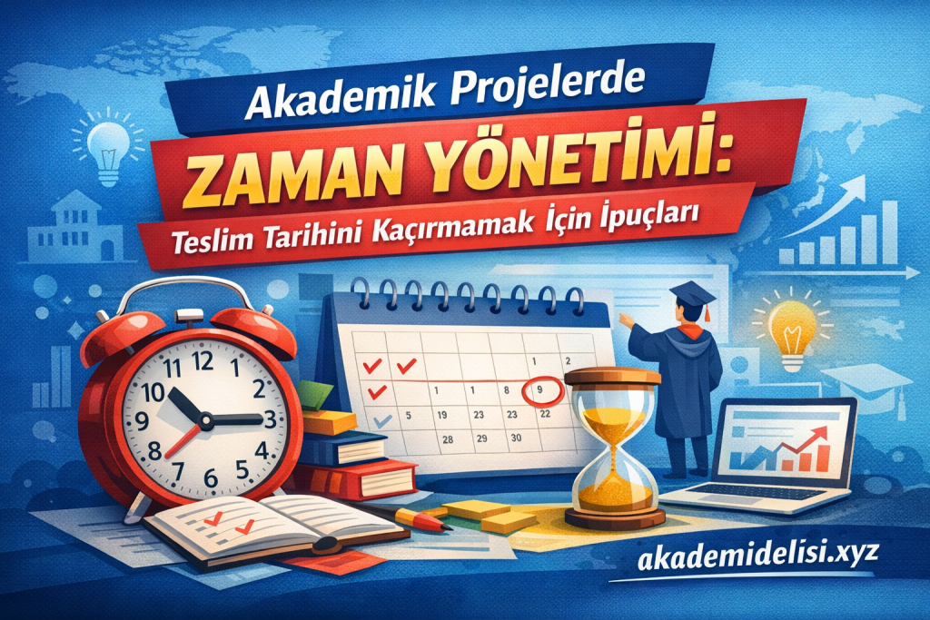 Turkish banner about academic project time management showing a clock, calendar with checks, hourglass, books, student in a cap, a laptop, and the site akademidelisi.xyz.