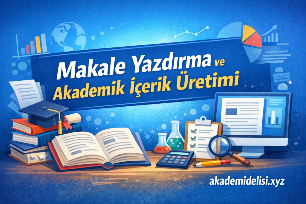 Banner advertising 'Makale Yazdırma ve Akademik İçerik Üretimi' with educational icons: open book, stacked books, graduation cap, lab flasks, clipboard, calculator, magnifying glass, and laptop on a blue background.
