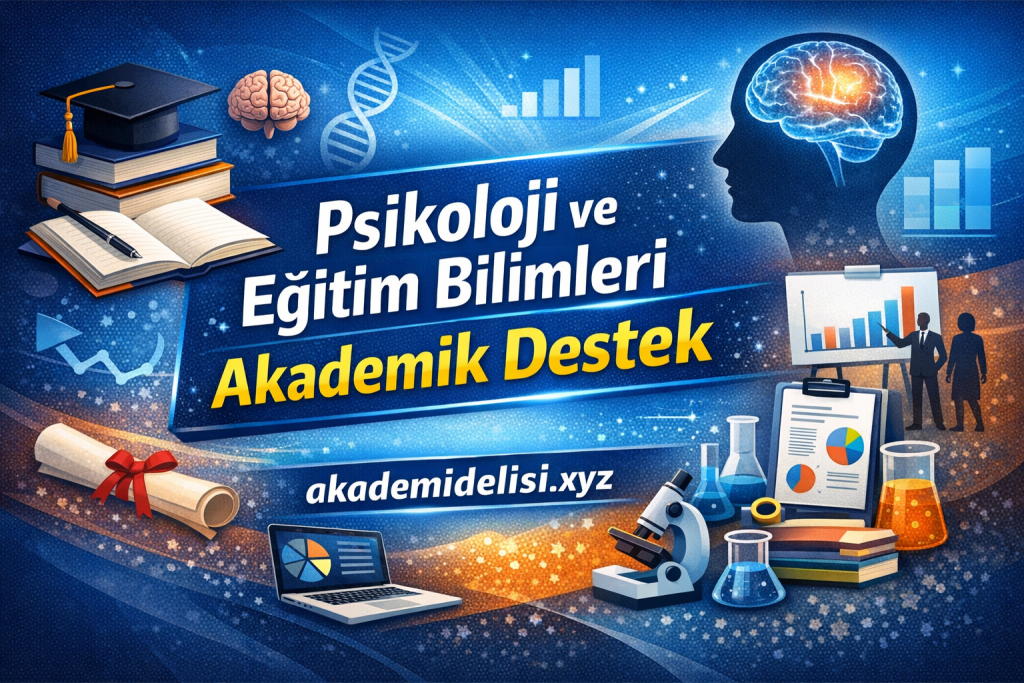 Banner promoting Academic Support for Psychology and Educational Sciences; features books, brain, DNA strand, charts, lab glassware, and a laptop. See akademidelisi.xyz (Turkish).