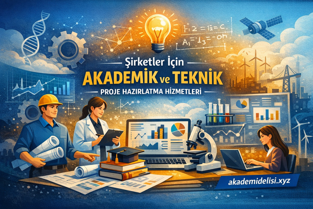 Şirketler için akademik ve teknik proje hazırlama hizmetlerini anlatan, mühendisler ve öğrenciyle laboratuvar sahnesi。