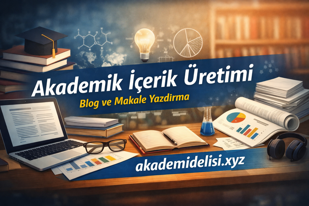 Akademik içerik üretimiyle ilgili reklam afişi: masa üstünde kitaplar, laptop, notlar ve grafiklerle banner metni 'Akademik İçerik Üretimi' ve site adı akademidelisi.xyz
