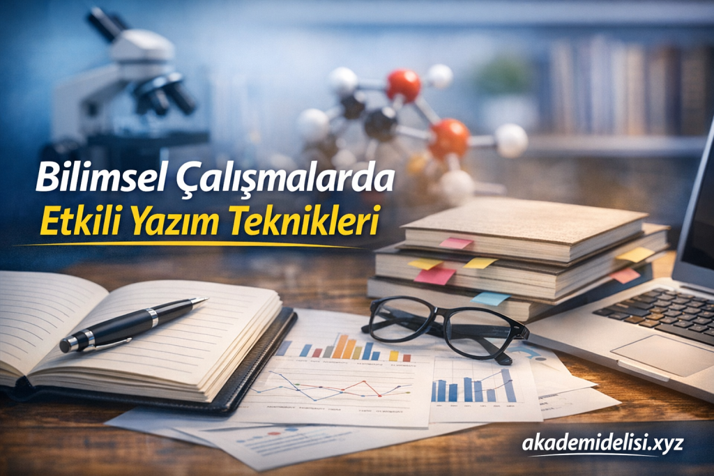 'Bilimsel Çalışmalarda Etkili Yazım Teknikleri' başlığı, çalışma masasında kalemli açık defter ve grafiklerle birlikte görselin odak noktasıdır.