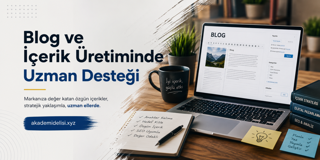 Blog ve içerik üretiminde uzman desteği sunan banner; masa üzerinde dizüstü bilgisayar, not defteri ve kitaplar görünüyorİçerik üretimi odaklı görsel.