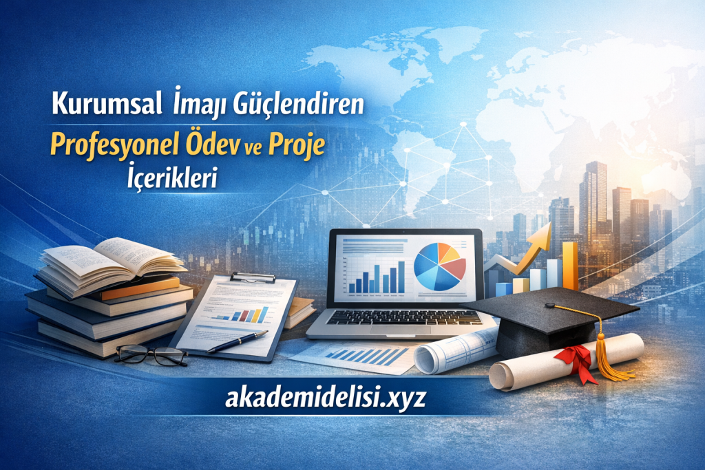 Promotional banner for akademidelisi.xyz showing books, a laptop with charts, a graduation cap, and a diploma on a blue background.