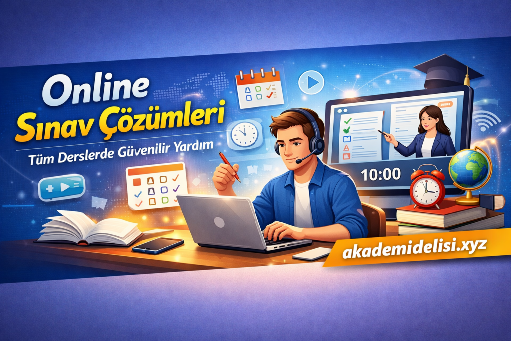Online Sınav Çözümleri başlıklı, kulaklık takmış genç bir öğrencinin dizüstü bilgisayarda çalışması.