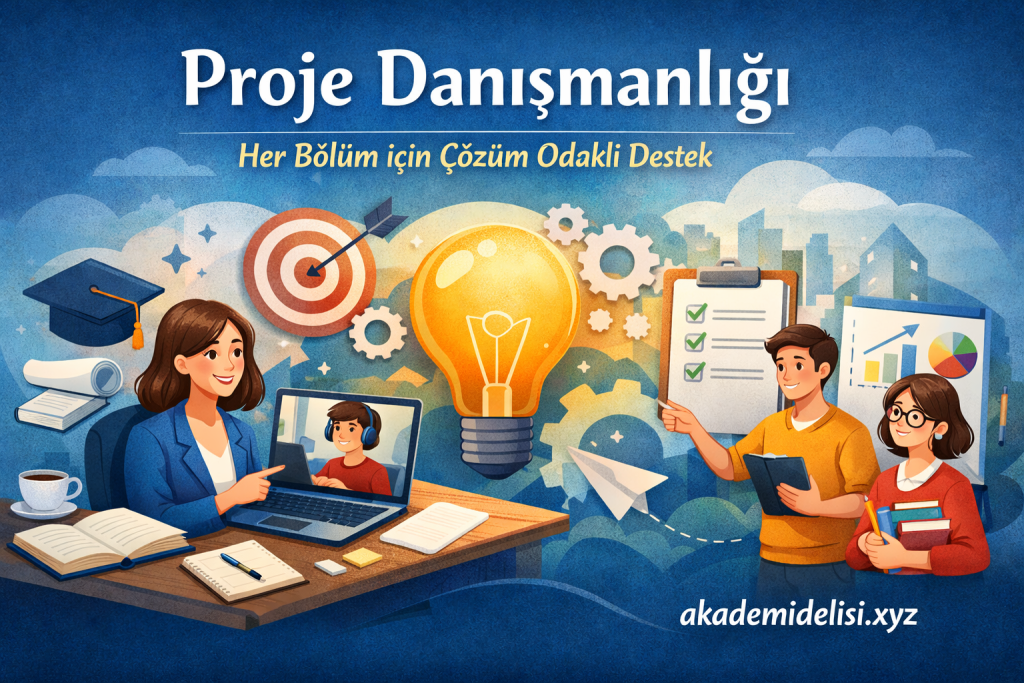 Proje danışmanlığı temalı afiş: büyük ışık ampulü ve hedef tahtasıyla fikir ve planlama vurgulanıyor; ekip üyeleri ve çeşitli ekipmanlar arka planda.
