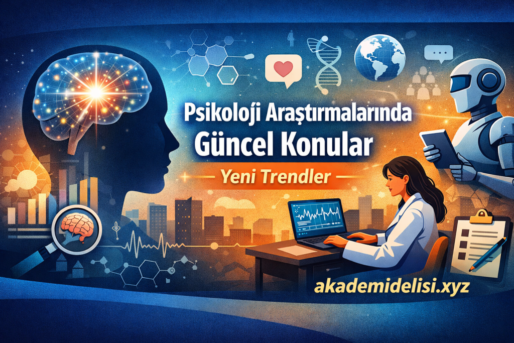 Turkish banner advertising current topics in psychology research, showing a brain silhouette, scientist at a laptop, and a friendly robot, with urban skyline and 'akademidelisi.xyz' text.