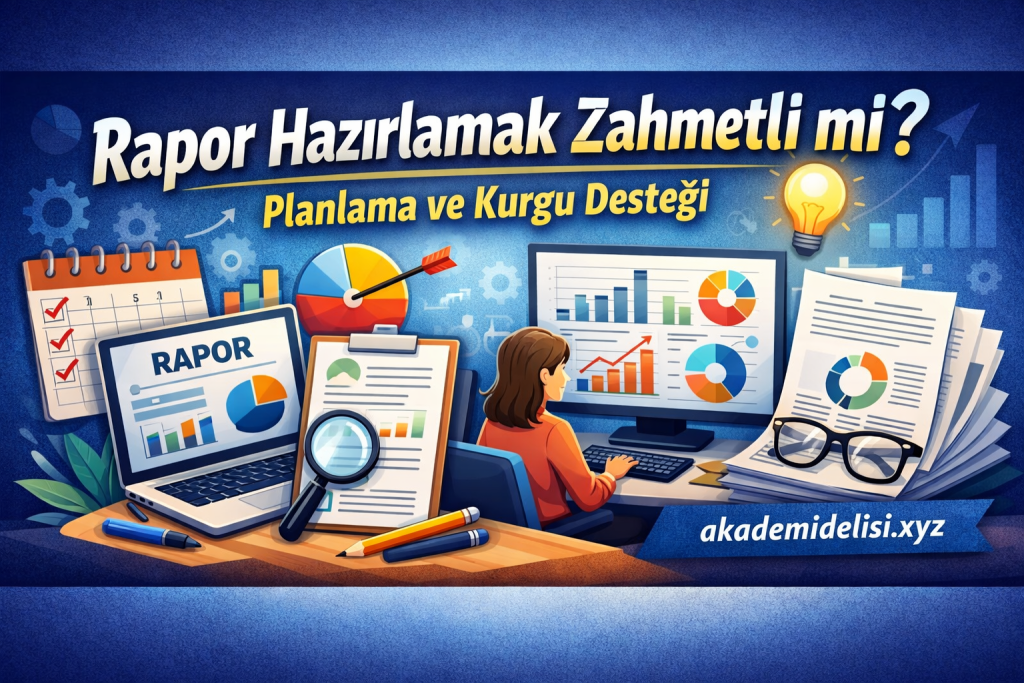 Rapor hazırlamanın zorluğunu vurgulayan renkli ofis illüstrasyonu: bilgisayar ve grafiklerle dolu masa.
