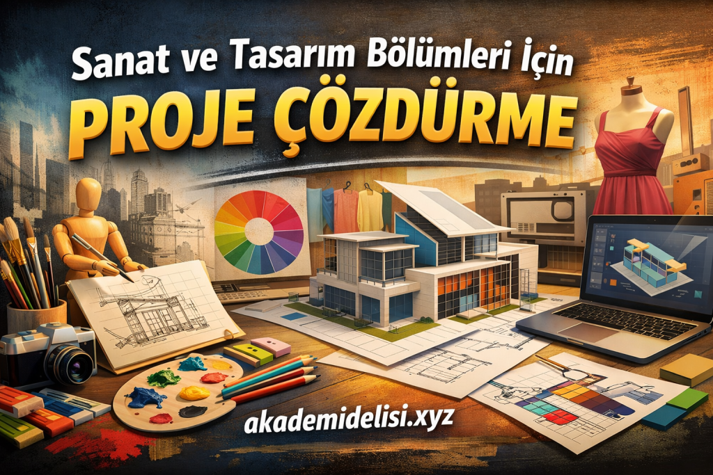 Promotional banner for art and design students showing an architectural model, color wheel, dress form, sketches, paints, and a laptop with a 3D design on screen.