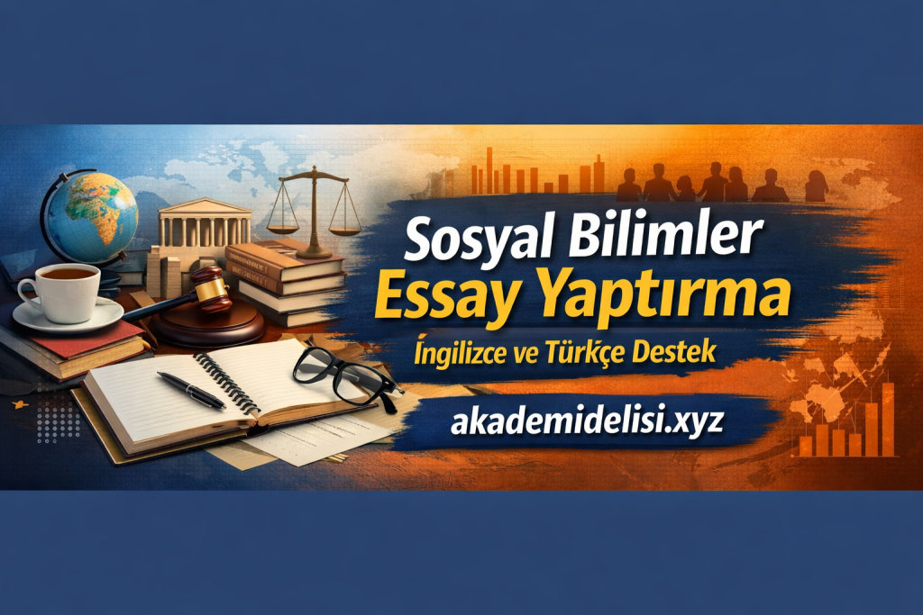 Banner advertising 'Sosyal Bilimler Essay Yaptrma' with books, gavel, globe and glasses for English/Turkish support at akademidelisi.xyz