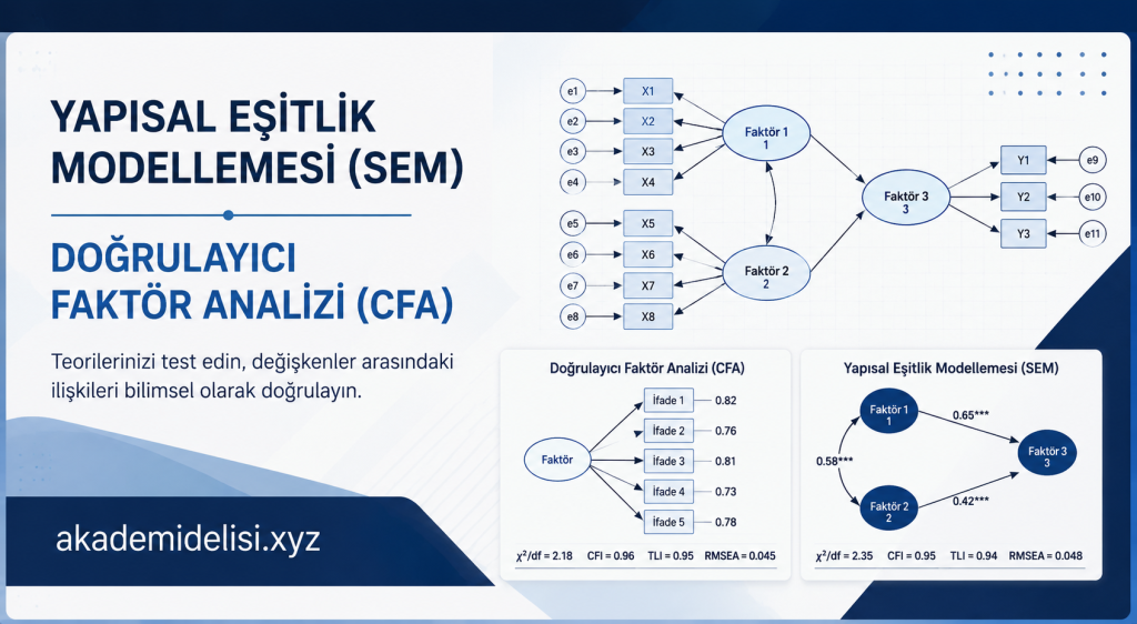 Poster explaining Structural Equation Modeling (SEM) and Confirmatory Factor Analysis (CFA) in Turkish, with diagram and dab chart details. Includes akademidelisi.xyz URL.