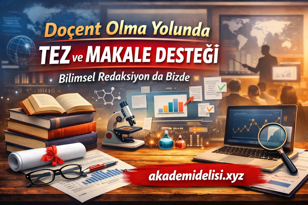 Promotional banner for thesis and article editing support, with books, diploma roll, glasses, microscope, laptop showing charts, and lab glassware on a desk.