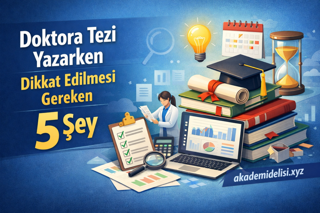 Doktora tezi yazarken dikkat edilmesi gereken 5 şeyi anlatan eğitim görseli: kitaplar, laptop ve simgelerle dolu masa üzerinde. (Türkçe)