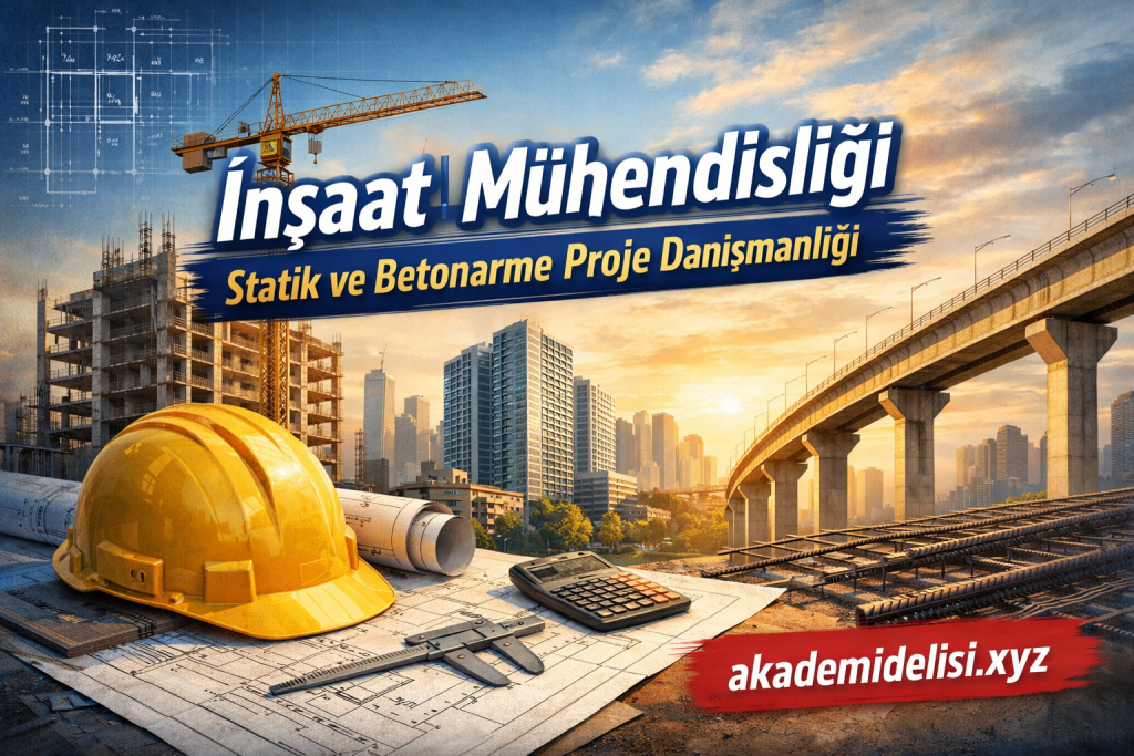 Promotional banner for civil engineering: construction site, crane, yellow hard hat, blueprints, and sunset skyline with Turkish title “İnşaat Mühendisliği.”