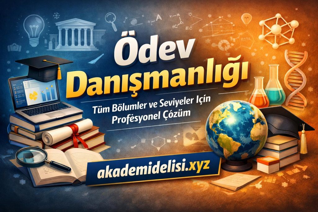 Renkli eğitim temalı afiş: 'Ödev Danışmanlığı' başlığı ve dünya küresi, kitaplar, mezuniyet kepi ile profesyonel çözümler vurgulanıyor.