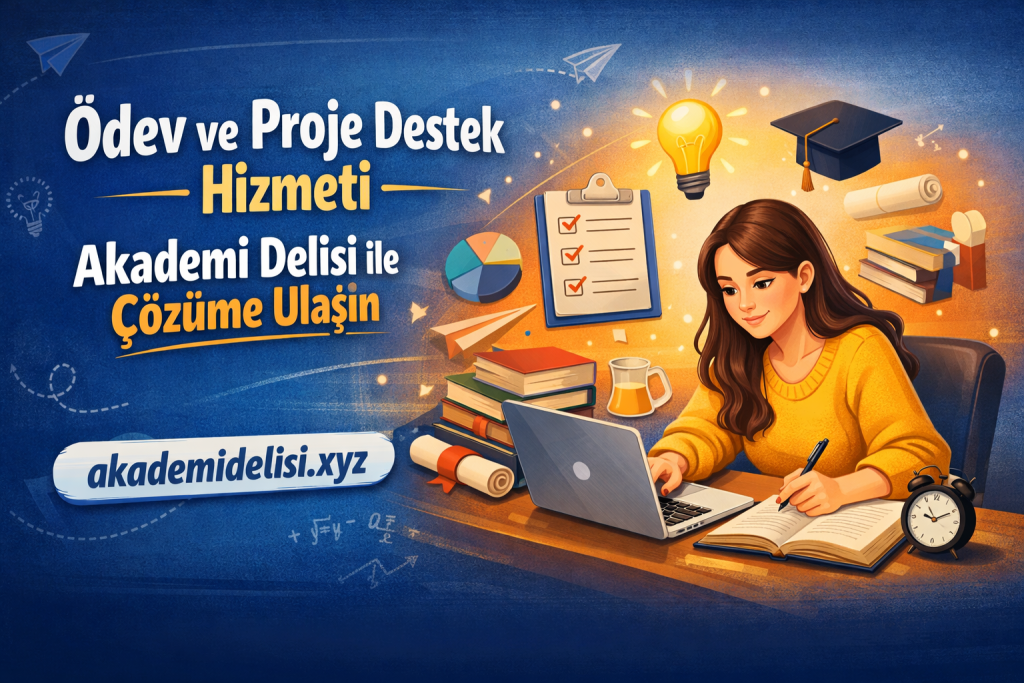 Masa başında dizüstü bilgisayarla çalışan öğrenci ve kitaplarla ödev-proje desteğini tanıtan reklam görseli.