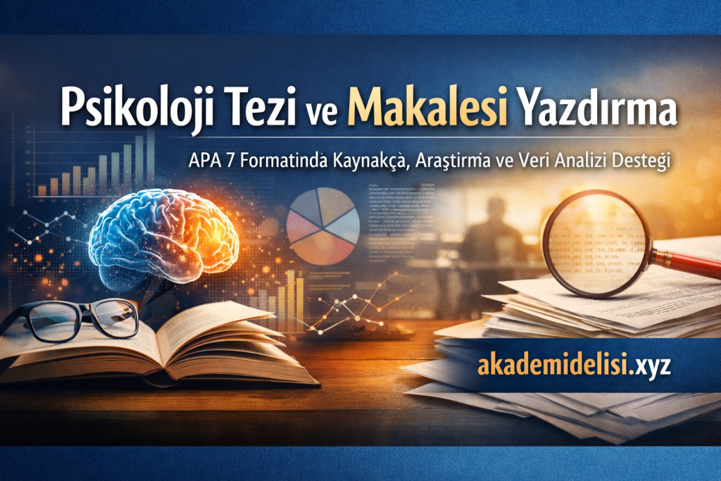 Banner promoting psychology thesis and article writing in APA 7 format, with a brain graphic, glasses, books, and a magnifying glass; akademidelisi.xyz.