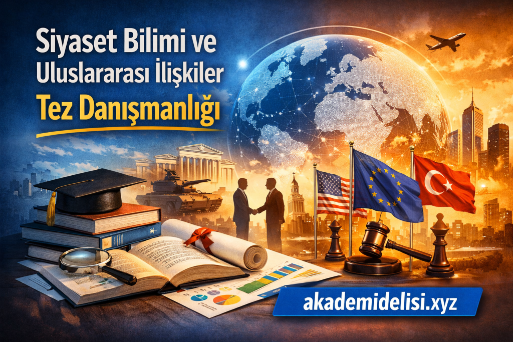 Promotional banner for political science and international relations thesis consulting, with a globe, flags, books, and a handshake.
