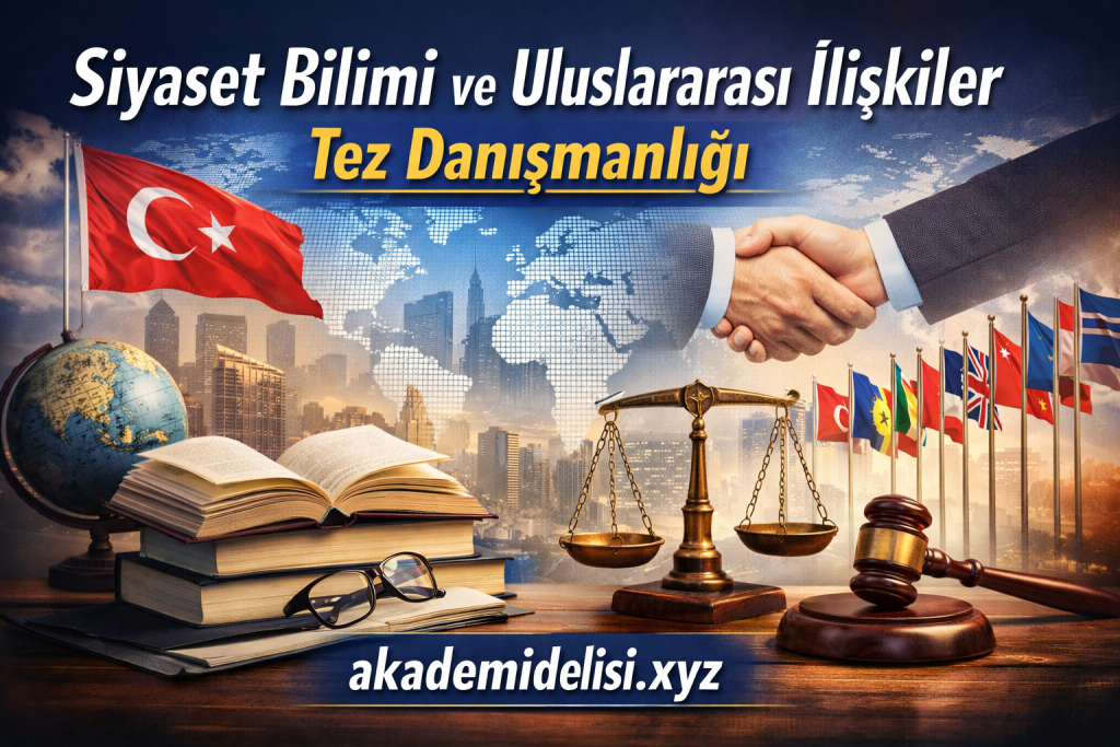 Turkish banner advertising political science and international relations thesis consulting, with globe, handshake, scales, books, and flags.
