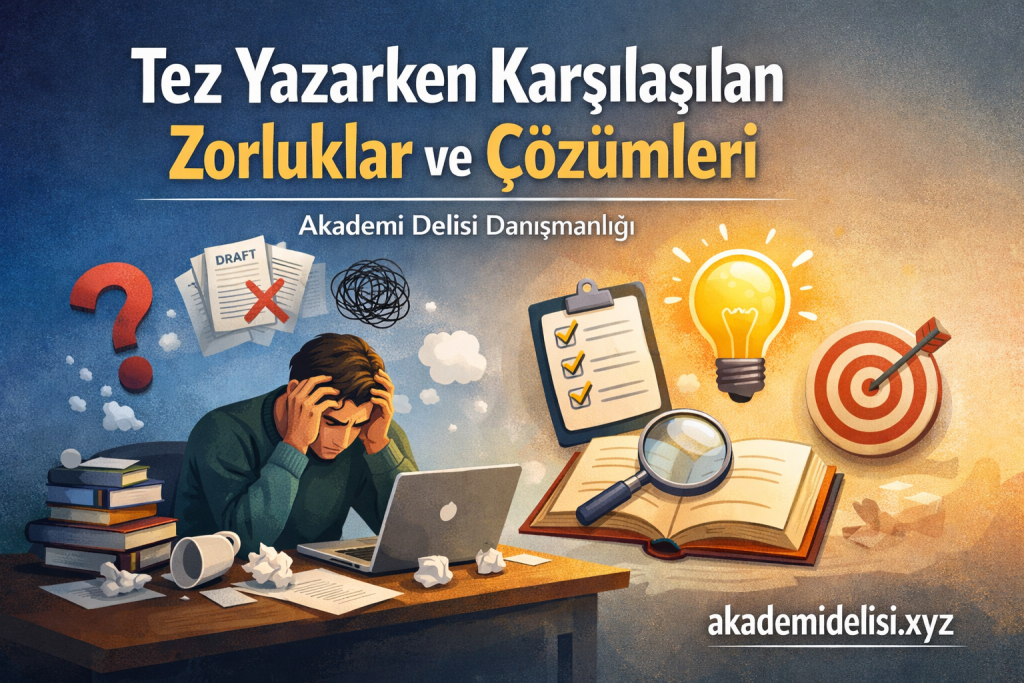 Turkish poster showing study stress and solutions for thesis writing, with a tired person at a desk and icons for ideas, checklists, and targets.