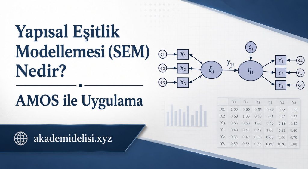 Banner explaining structural equation modeling (SEM) with a SEM diagram and Turkish title: 'Yapısal Eşitlik Modellemesi (SEM) Nedir? AMOS ile Uygulama' showcasing akademidelisi.xyz