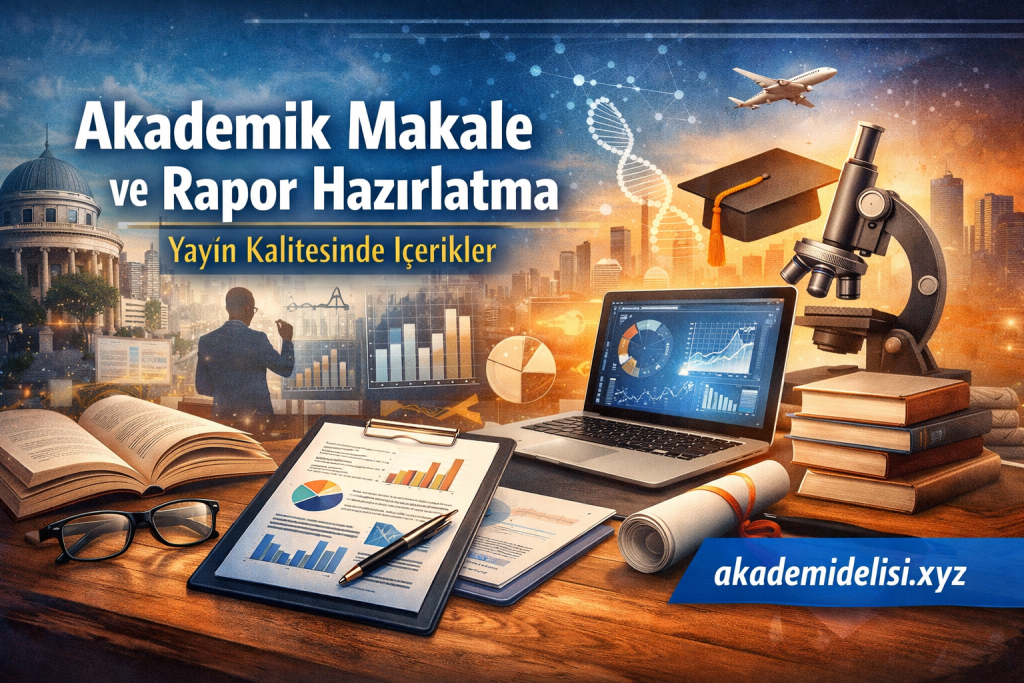 Promotional banner for academic article and report preparation featuring charts, books, a laptop, and a microscope with a cityscape background.
