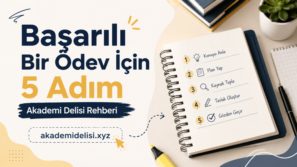 Turkish banner showing '5 Adım' for a homework guide; list on a notebook with five steps: understand topic, plan, gather sources, draft, review, plus website akademidelisi.xyz (informational image).