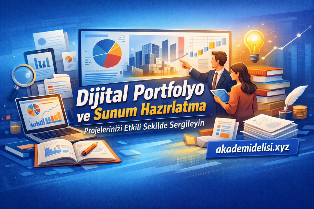 Promotional banner showing people presenting charts on a large screen, with graphs, books, and the text 'Dijital Portfolyo ve Sunum Hazırlatma' and a website 'akademidelisi.xyz' in Turkish.