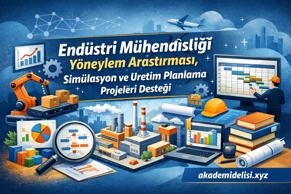 Endüstri Mühendisliği Yöneylem Araştırması Simülasyon ve Üretim Planlama Projeleri Desteği - Ödev - Tez - Proje Hazırlatma Merkezi Illustrated poster about industrial engineering with a robotic arm, factory buildings, data charts, a laptop, blueprints, and a construction worker at a computer, all against a blue background with Turkish title text.