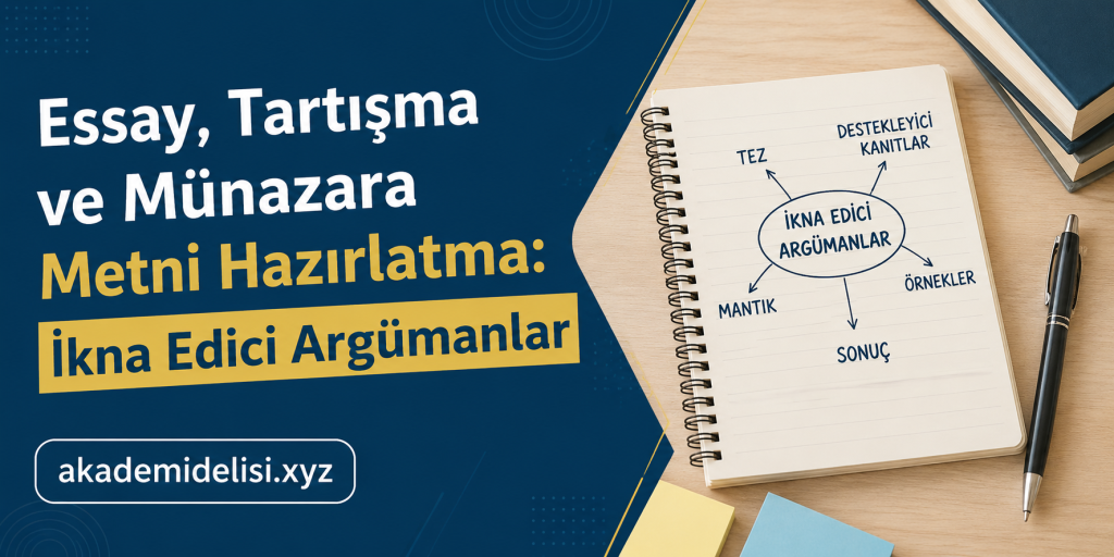 Essay Tartışma - Ödev - Tez - Proje Hazırlatma Merkezi Turkish banner: 'Essay, Tartışma ve Münazara' with yellow highlight 'İkna Edici Argümanlar' beside a spiral notebook diagram on a desk.