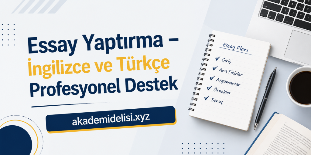 Promo banner offering English and Turkish essay proofreading support from akademidelisi.xyz, with a checklist notebook on a desk