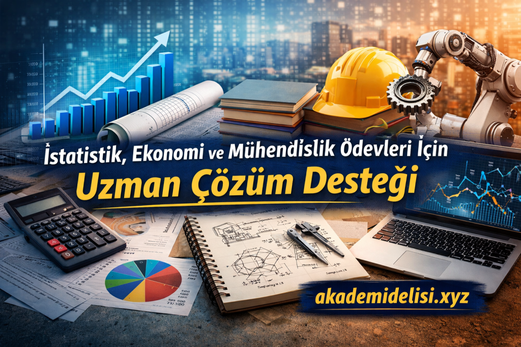İstatistik Ekonomi ve Mühendislik - Ödev - Tez - Proje Hazırlatma Merkezi İstatistik, ekonomi ve mühendislik ödevleri için uzman çözüm desteğini tanıtan afiş: grafikler, kitaplar ve mühendislik ekipmanlarıyla birlikte.