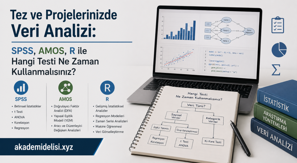 Turkish infographic promoting data analysis with SPSS, AMOS, and R tools beside a laptop and notebooks on a desk, akademidelisi.xyz banner.