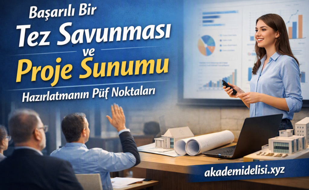 akademi - Ödev - Tez - Proje Hazırlatma Merkezi Promotional banner for an academic presentation tips course: 'Successful Thesis Defense and Project Presentation' with charts in the background and a presenter at a lecture podium.