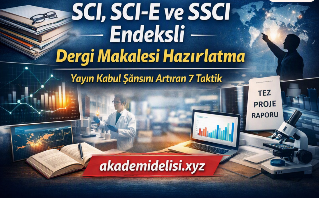 Science-themed banner promoting article preparation tips with a lab scientist, graphs, books, laptop, and a microscope