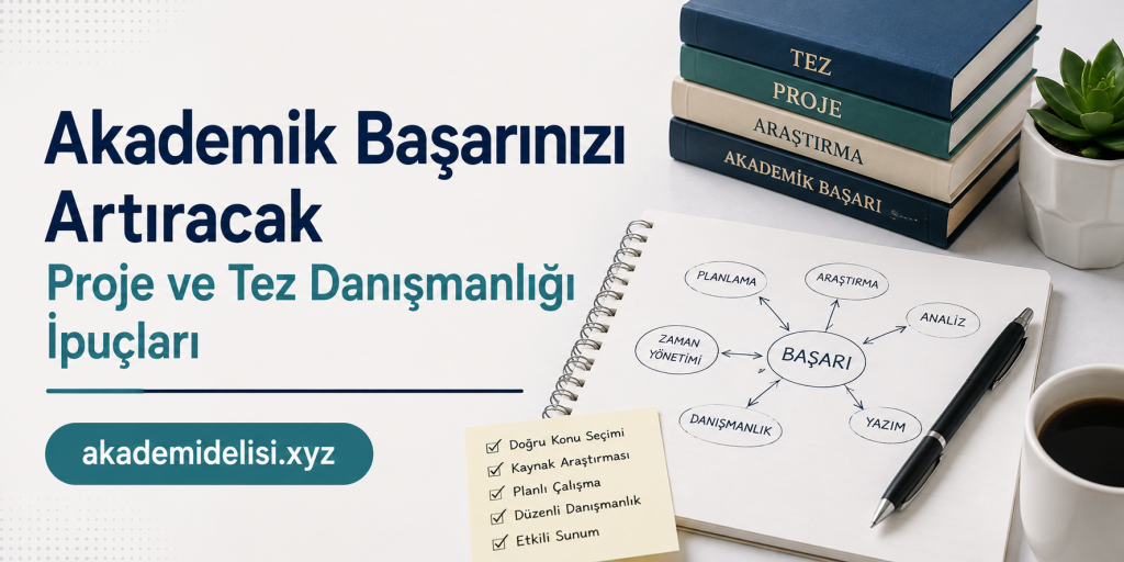 Turkish banner advertising tips to boost academic success: stack of books, notebook with a 'BAŞARI' diagram, and a coffee cup; site akademidelisi.xyz