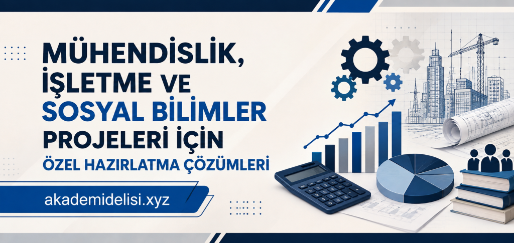 Mühendislik, işletme ve sosyal bilimler projeleri için özel hazırlatma çözümleri reklamı; grafikler, hesap makinesi ve planlar görülebilir; akademidelisi.xyz