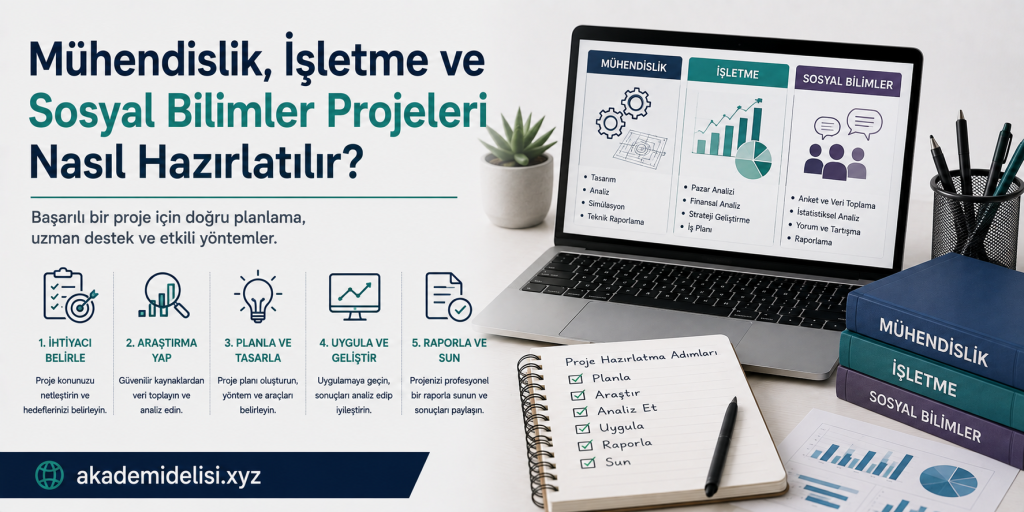 Laptop ekranında mühendislik, işletme ve sosyal bilimler bölümlerine ait ikonlar ve grafikler görülen bir çalışma masası sahnesi; yanında not defteri ve kitaplar yer almakta.