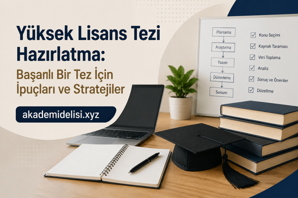 Educational banner offering thesis tips; laptop, notebook, graduation cap, plant and stack of books on a desk