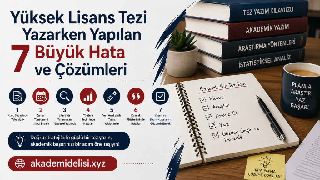 Yüksek Lisans Tezi Yazarken Yapılan 7 Büyük Hata ve Çözümleri başlıklı afiş; sol tarafta metin, sağ tarafta kitaplar ve not defteriyle çalışma masası.